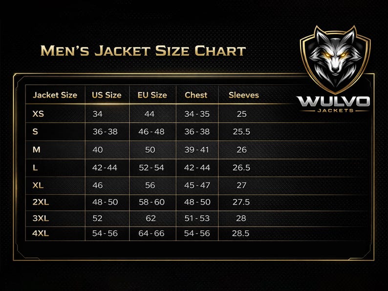May include: A black and gold jacket size chart titled Jacket Size Chart with a wolf logo and the text WULVO JACKETS. The table lists sizes from XS to 4XL, including US size, EU size, chest measurements in inches, and sleeve lengths in inches.