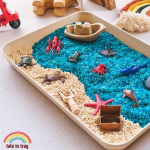 Può includere: Un vassoio di gioco sensoriale a tema spiaggia e oceano. Il vassoio contiene riso tinto di blu che rappresenta l'acqua e avena beige per la sabbia. Creature marine giocattolo, una barca e un forziere sono disposti nel vassoio.