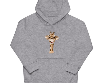 Sudadera infantil ecológica y colorida con una jirafa sonriente.