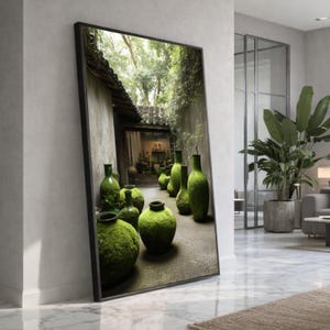 Moss Covered Vases Garden Path Canvas, Rustic Nature Wall Art, Zen Botanical Decor