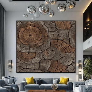 Canvaskunst rustieke boomringen, natuurlijke houten doorsnede, woondecoratie aardetinten