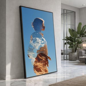 Silueta surrealista del desierto, lienzo de doble exposición, cielo estrellado y nubes, perfil artístico de mujer para pared, decoración moderna para el hogar.