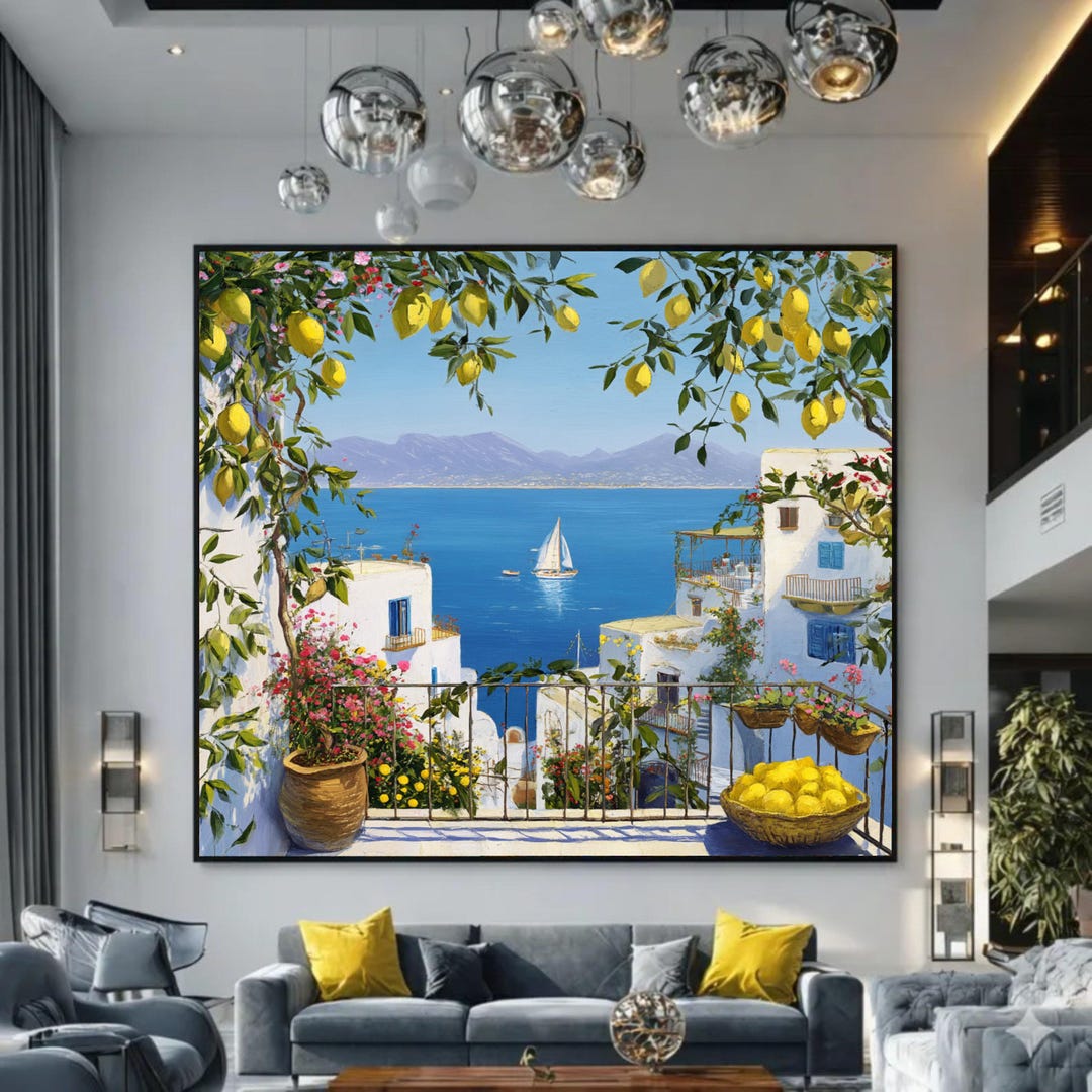 Mediterranean Lemon Tree Balcony Canvas, Coastal Seaside View Wall Art ...