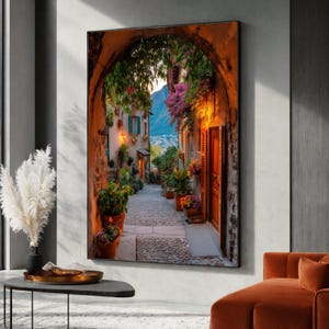 European Alleyway Canvas Print, Cobblestone Village Scene, Floral Outdoor Landscape Wall Art, Printing