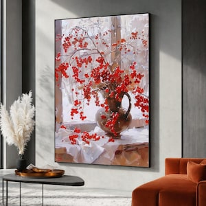 Peut inclure: Une impression d'art mural rectangulaire représentant une peinture à l'huile d'un pichet en céramique brun foncé rempli de baies rouges éclatantes. Le pichet est posé sur un tissu blanc près d'une fenêtre, avec des baies éparpillées autour.