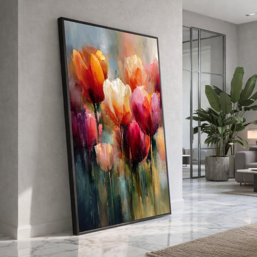 Vibrant Tulip Bouquet Canvas, Colorful Floral Wall Art, Abstract Flower ...
