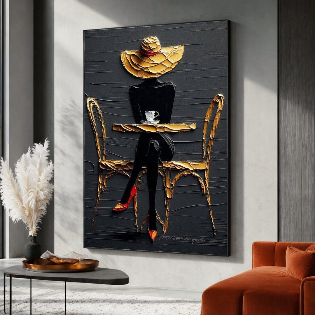 Elegant Woman Hat Canvas Art, Black Gold Coffee Scene, Modern Chic Red ...