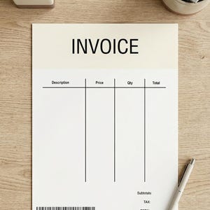 以下が含まれることがあります： 「INVOICE」の文字が上部にある白紙の請求書。請求書には、説明、価格、数量、合計の列があります。ペンと小さな多肉植物が木製の表面にあります。