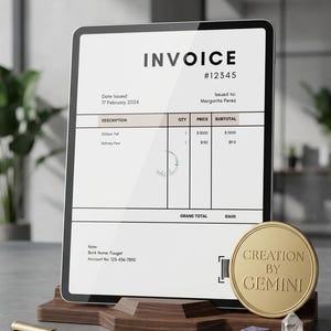 May include: A digital invoice displayed on a tablet, held by a wooden stand. The invoice includes details like date, description, quantity, price, and subtotal. A gold pen, a gold coin with "CREATION BY GEMINI" text, and crystals are in the foreground.