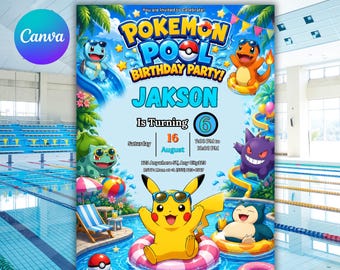 Pokemon Birthday Invitation Printable, Pool Party Invite, Editable Canva Template, Kids Summer Party Digital Download