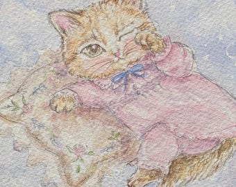 Quadro da parete con gatto arancione sognante / Dipinto originale ad acquerello di un gatto rosso stravagante / Decorazione in stile cottagecore