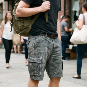 May include: A black t-shirt, grey cargo shorts with side pockets, and a brown leather belt. The outfit includes a dark olive green canvas backpack and high-top black leather sneakers. The clothing is worn in a casual, everyday urban setting.