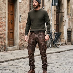 Pode incluir: Um suéter de malha canelada verde-oliva escuro combinado com calças cargo de couro marrom com bolsos laterais e cinto. O traje inclui um gorro cinza escuro e botas de couro marrom. As calças têm um acabamento desgastado com costuras visíveis.