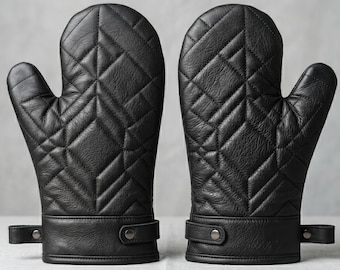 Set di 2 guanti da forno in pelle trapuntata, guanti da barbecue in pelle nera pieno fiore resistenti al calore, guanti da cucina di design geometrico, regalo di lusso
