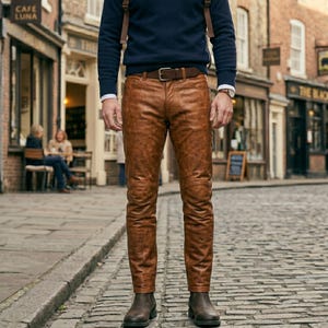 May include: A person wearing brown leather trousers, a navy blue jumper, and brown boots. The trousers have a textured appearance and are paired with a brown belt. The person is standing on a cobbled street.