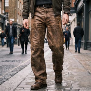 May include: A pair of brown leather trousers with a distressed, weathered finish, featuring a straight-leg cut, a dark brown leather belt with a metal buckle, and a dark brown jacket worn over a dark sweater, paired with brown leather boots.