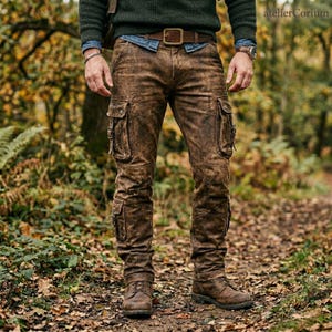 May include: Brown leather cargo trousers with multiple pockets and a distressed finish. The trousers are worn with a brown leather belt and boots. The image is taken outdoors in a forest setting.