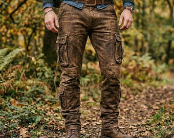 Men Distressed-Leather Cargo-Pants | Genuine Brown-Leather Tactical-Trousers | Multi-Pocket Motorbike-Pants, Handmade Utility Leather-Bottom