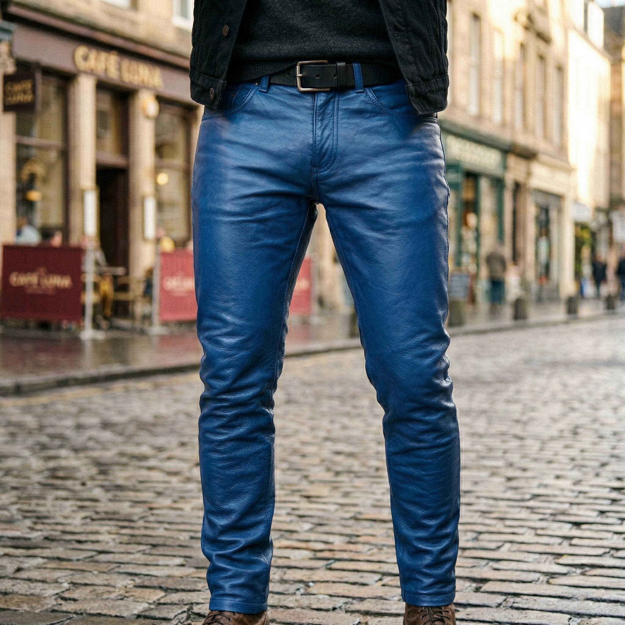 レザーパンツ 革パンツ 牛本革 XLサイズ【新品未使用】SC 鮮やかな青色です Blue leather pants - Etsy 日本