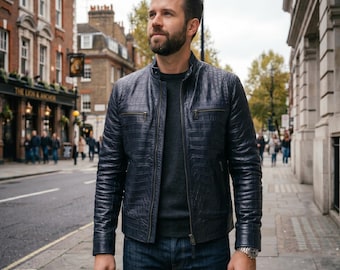 Chaqueta de piel de cocodrilo azul oscuro hecha a mano para hombre / Chaqueta de motociclista exótica de lujo / Regalo de moda urbana de diseño para él, talla personalizada