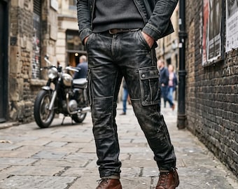 Op de afbeelding: Verweerde zwarte leren cargobroek met grote zijzakken met knoopsluiting, een donkergrijze gebreide trui, een donker spijkerjack en bruine leren veterschoenen. De broek heeft een versleten afwerking met zichtbare naden en een riem.