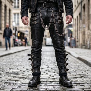 Könnte beinhalten: Schwarze Lederhose mit mehreren Schnallenriemen und silbernen Kettendetails. Die Hose hat ein figurbetontes Design und wird mit schwarzen Stiefeln kombiniert. Das Bild ist auf einem Kopfsteinpflaster aufgenommen.