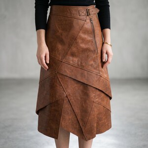 Geometric Patchwork Leather Skirt | Vintage Brown Cowhide Midi | Structural Western Style