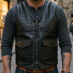 May include: A dark brown leather vest with a crocodile skin texture. The vest has a front zipper closure and two front pockets. The person is wearing a gray long-sleeved shirt underneath. The vest is worn with blue jeans and a brown belt.