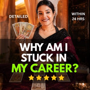 May include: A set of tarot cards featuring The Sun and other figures, held by a person in a dark top. Text reads: DETAILED, WITHIN 24 HRS, WHY AM I STUCK IN MY CAREER?, and five yellow stars. The cards are spread on a dark surface with a candle.