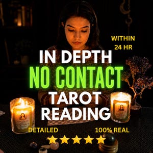 May include: A tarot reading service advertisement featuring two lit candles with labels reading TAROTALES, text stating IN DEPTH NO CONTACT TAROT READING, WITHIN 24 HR, DETAILED, 100% REAL, and five yellow stars, set against a dark background.