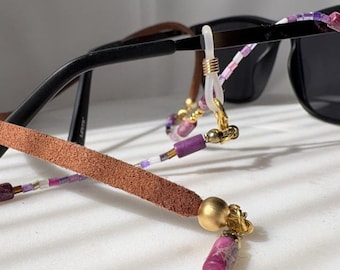 Cadena para gafas hecha a mano, correa multiusos para gafas de sol - Piel de ante con cristales morados