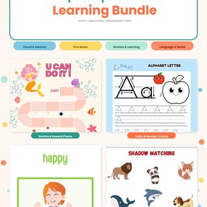 May include: A digital printable bundle for special needs learning, featuring over 90 activities. Includes visual & sensory, fine motor, routine & learning, and language & social activities. Includes alphabet letter tracing, shadow matching, and feelings flashcards.