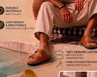 Handmade Men's Leather Sandals - Hand-Stitched Genuine Leather Slides - Comfortable Double Strap - Cork sandals - size US 11
