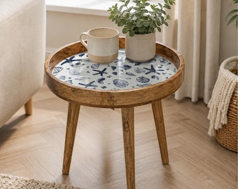 Handmade Wooden Resin Inlay Side Table, Rustic End Table, Mango Wood Accent Table, Artisan Bedside Boho Living Room Furniture, Coffee Table