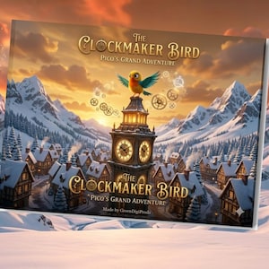 May include: A book cover for "The Clockmaker Bird: Pico's Grand Adventure" featuring a clock tower with a bird on top, set against a snowy mountain village and sunset. The title and author are displayed prominently.