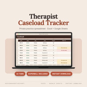 Therapist Caseload Tracker Spreadsheet: Private Practice Sessions, Superbills and Income - Excel & Google Sheets