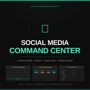 May include: A graphic with the text "SOCIAL MEDIA COMMAND CENTER" in white and teal. Below are sections for content calendar, analytics tracker, and caption ideas. The image includes the text "DESIGNGOODSTUDIOART" at the top.