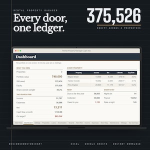 May include: A digital dashboard for a rental property manager displayed on a laptop screen. The interface shows financial data including portfolio value, income, expenses, and property-specific metrics like net income and cap rates for three properties.