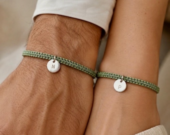 Personalized Initial Couple Bracelets, Sage Green Matching Set, Anniversary Gift for Him and Her