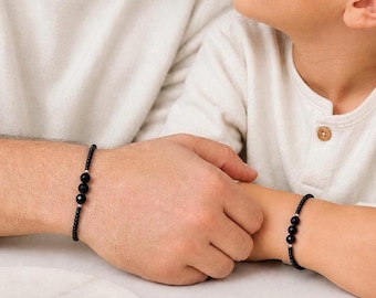 Father Son Black Agate Bracelet Set, Dad and Kids Matching Bracelets, Handmade Gift for Dad