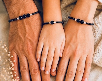 Mom Dad Kids Bracelet Set, Matching Family Bracelets, Black Agate Jewelry, Meaningful Family Gift