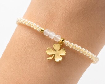 Graduation Gift for Her, Moonstone Bracelet for Graduate, Good Luck Clover Jewelry, New Beginnings Gift