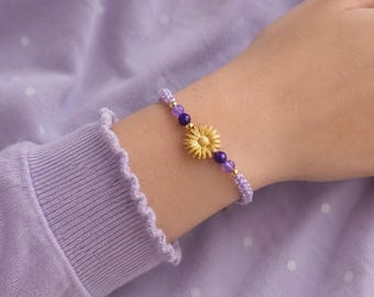Granddaughter Bracelet, Amethyst Flower Charm, Grandma Gift, Adjustable Macrame Jewelry