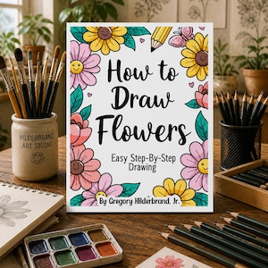May include: A book titled "How to Draw Flowers" with colorful flower illustrations. The book is surrounded by art supplies, including paintbrushes, pencils, and a watercolor palette, suggesting a guide for drawing flowers. The book is by Gregory Hilderbrand, Jr.