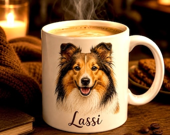 Custom Lassi Dog Picture Name Mug  | Pet Photo and Name coffee cup gift for him, her
