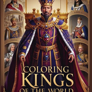 May include: Book cover for "Coloring Kings of the World" by Gregory Hilderbrand, Jr. The image shows a king in a purple and gold robe and crown, surrounded by portraits of other kings. The title is in gold lettering, with a brown background.