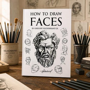 May include: A white book titled "HOW TO DRAW FACES" by Gregory Hilderbrand Jr. is displayed on a wooden surface. The book features a detailed illustration of a face. Art supplies, including pencils and paintbrushes, are arranged around the book.