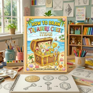 May include: A book titled How to Draw Treasure Chest Items by Gregory Hilderbrand Jr. featuring a colorful illustration of an open wooden chest filled with gold coins, a map, a goblet, and gems on a sandy beach with palm trees and ocean.
