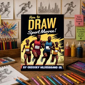 May include: A book titled "How to Draw Sport Moves!" is displayed on a wooden surface, surrounded by art supplies. The cover features illustrations of runners. Pencils, paintbrushes, and sketches are also visible.