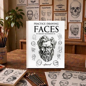 May include: A white book titled "Practice Drawing Faces" by Gregory Hilderbrand Jr. is displayed on a wooden table. The book features a detailed black and white illustration of a bearded face. Art supplies, including paintbrushes, pencils, and anatomical face studies, surround the book.
